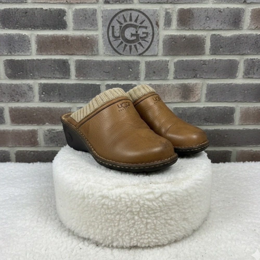🔥UGG Australia🤎 Womens Leather Knit‎ Collar Wedge Clogs Brown Mules  Size 8.5